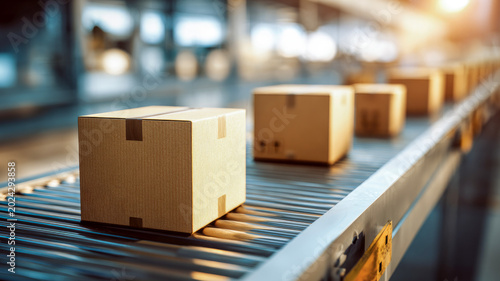 A cardboard box on a conveyor belt in the middle of an industrial warehouse,  showcasing efficient logistics and fast package delivery.