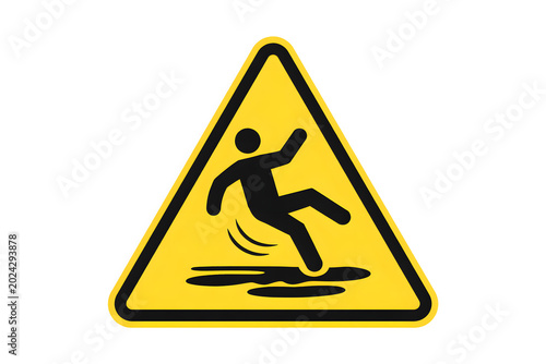 Slippery floor caution warning sign, yellow triangle wet surface hazard symbol, falling person safety icon, workplace accident prevention, public area risk alert, cleaning danger notice illustration