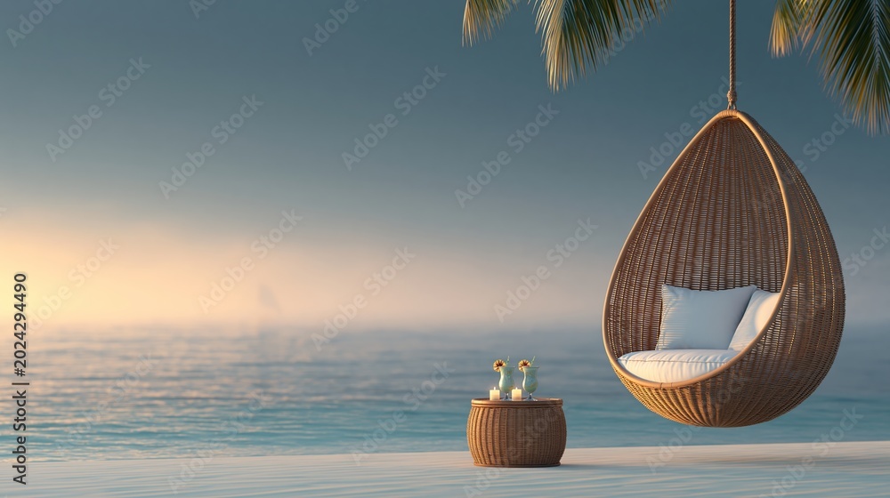Fototapeta premium Cozy hanging chair swings gently near palm tree. Calm ocean meets soft sky at golden hour. Woven basket table holds two wine glasses. White cushion invites relaxation and serenity