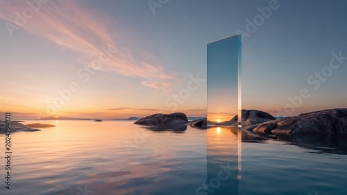 Surreal Mirror Portal Rising from Calm Ocean at Sunset – Minimal Dreamscape Concept