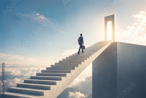 Businessman Climbing Stairway to Bright Portal – Surreal Success and Opportunity Concept