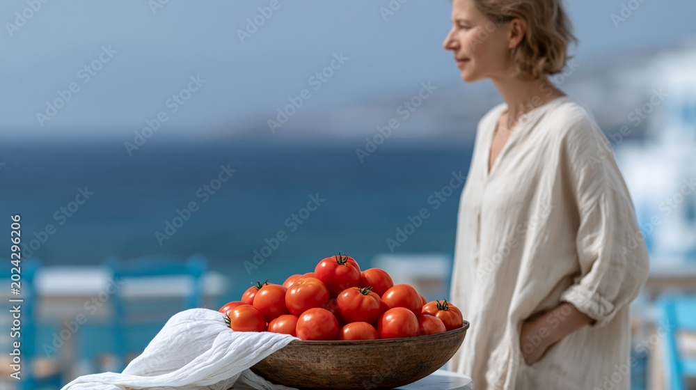 Fototapeta premium Woman stands by sea, gazing at horizon. Fresh tomatoes rest in rustic bowl on towel. Sunlight bathes calm coastal scene. Her expression suggests peaceful contemplation. Ideal for lifestyle, wellness