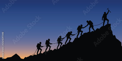 Silhouette of Seven People Climbing Mountain Peak Together, Business Teamwork Success Concept