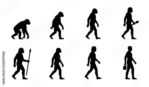 Photos Modern human evolution silhouette vector icons with prehistoric ancestor and mod