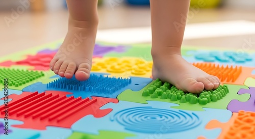 Child's bare feet stepping on colorful orthopedic sensory mat puzzles, receiving physical therapy for sensory development, balance, and flat feet prevention