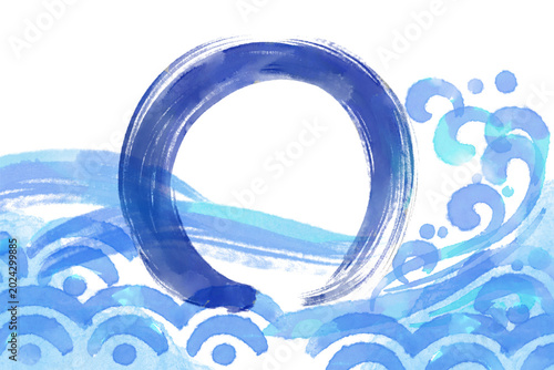 Japanese Brush Wave Banner Background with Enso Circle Watercolor Design
