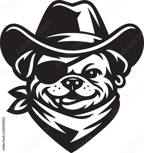 Cute pirate cowboy pug dog wearing hat bandana and eyepatch vector illustration