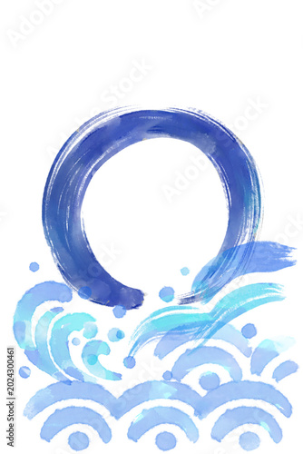 Japanese Brush Wave Banner Background with Enso Circle Watercolor Design