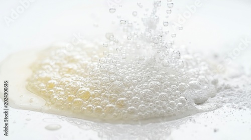 Extreme macro close-up of a chemical reaction between fresh lemon juice and baking soda with exploding fizzy white bubbles