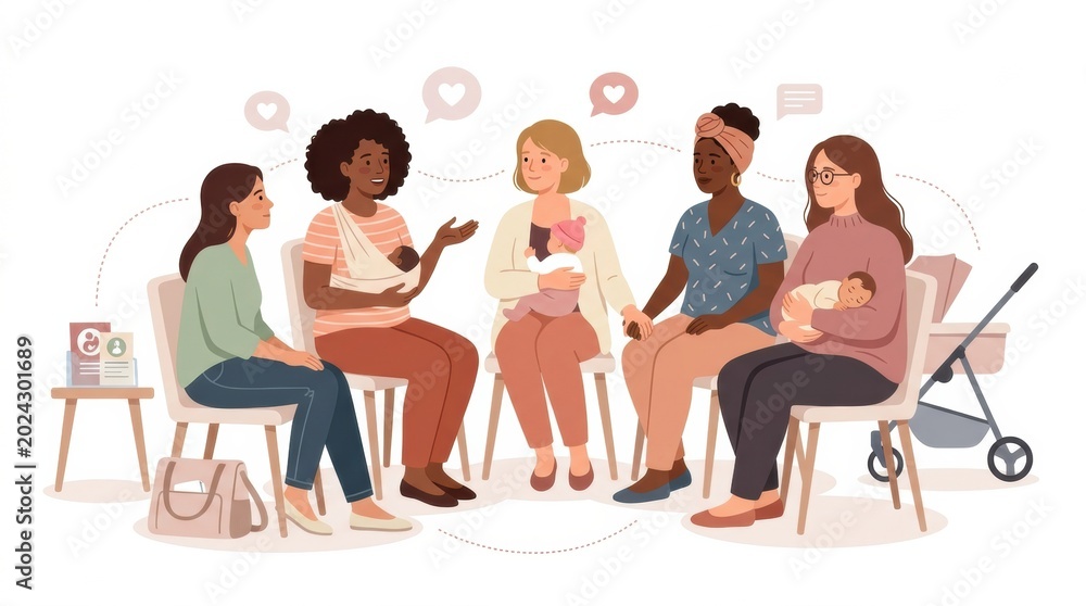 Obraz premium A group of women are gathered to share their experiences and support each other regarding pregnancy and caring for newborns.