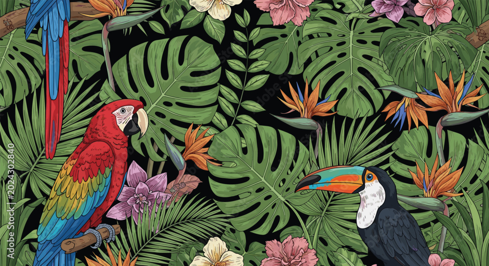 Fototapeta premium Vibrant seamless pattern featuring tropical macaws, toucans, exotic flowers, and lush green monstera leaves on a dark background.