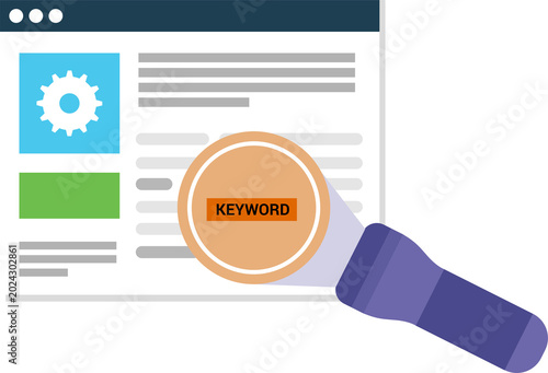 Search engine optimization concept with magnifying glass focusing on keyword within website content.