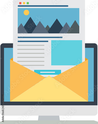Newsletter arriving on desktop screen represents modern communication, information delivery, digital marketing strategies.