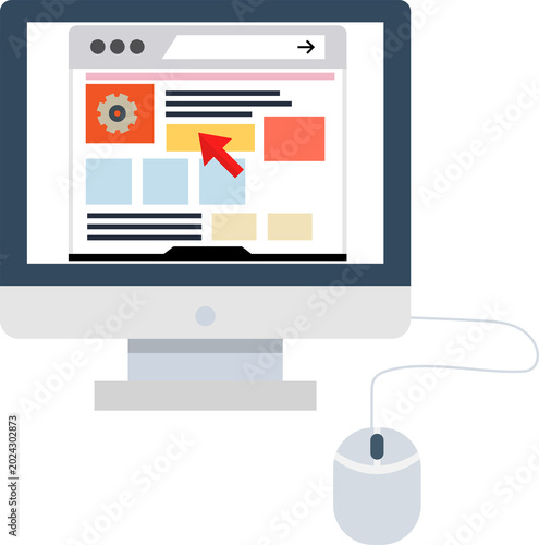 Online advertising concept showing mouse cursor clicking colorful webpage, representing pay per click marketing strategy.