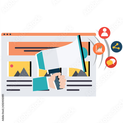 Website promotion concept featuring hand holding megaphone with social media icons, analytics, audience reach.