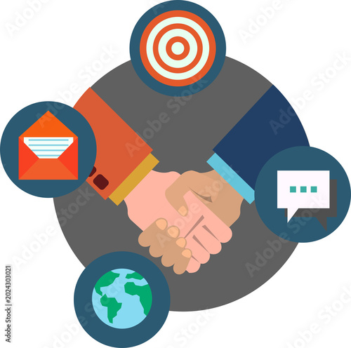 Successful partnership concept featuring handshake, global reach, target focus, communication, email marketing elements.