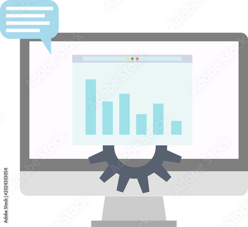 Modern computer displays data analysis, seo progress with communication bubble, representing digital marketing solutions.