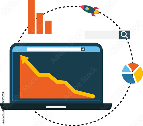 Data driven marketing strategy utilizes search engine optimization for business growth, illustrated with charts and rocket launch.