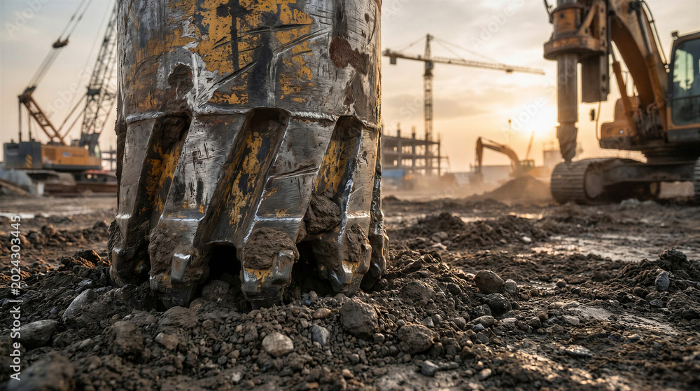 Fototapeta premium Excavator bucket close-up on construction site during sunset 