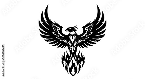 Konstfotografi Majestic Phoenix Rising from Flames Black and White Illustration.