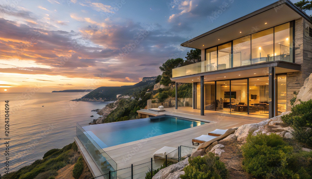 Fototapeta premium Conceptual Luxury Coastal Villa with Infinity Pool at Sunset