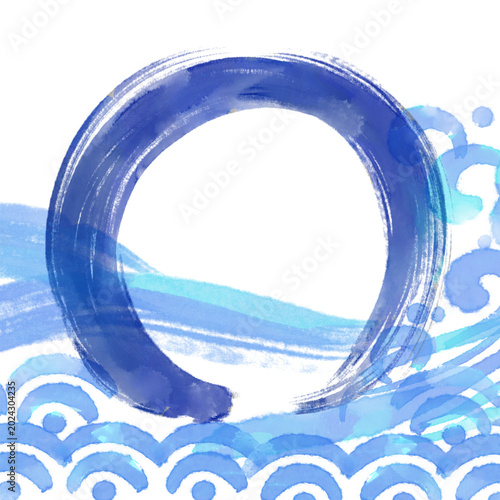 Japanese Brush Wave Banner Background with Enso Circle Watercolor Design