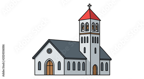 Tableau sur toile A charming cartoon illustration of a traditional church building with a tall bell tower
