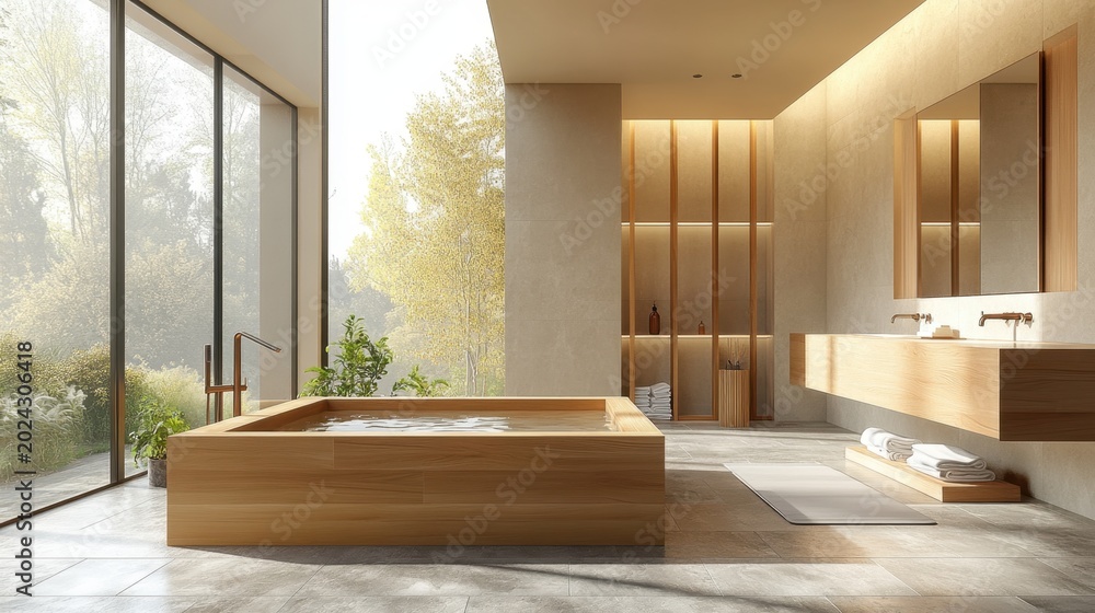 Fototapeta premium Modern Japanese-style bathroom with bathtub and large windows