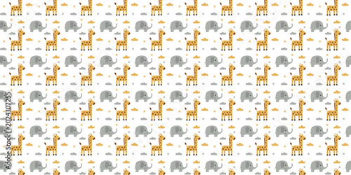 Photography Cute safari animals seamless pattern with giraffes and elephants for nursery
