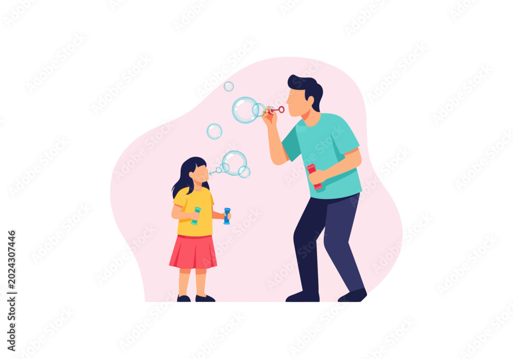 Fototapeta premium Child Blowing Bubbles with Adult Parent Fun Outdoor Activity
