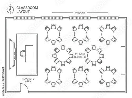 Classroom floor plan and educational interior layout illustration with student desks teacher area smart board and architectural blueprint design