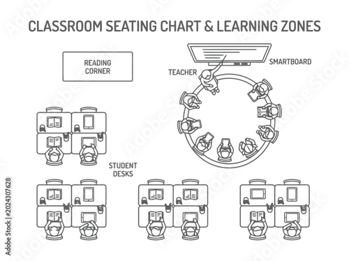 Classroom floor plan and educational interior layout illustration with student desks teacher area smart board and architectural blueprint design