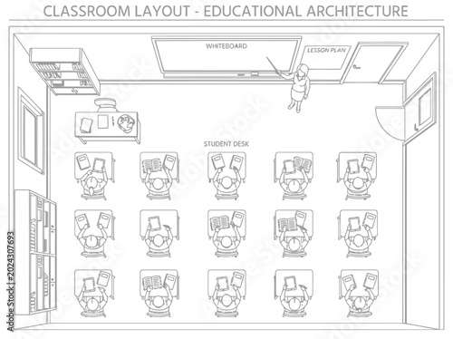 Classroom floor plan and educational interior layout illustration with student desks teacher area smart board and architectural blueprint design