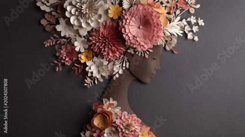 Artistic mannequin head sculpture with elaborate floral hairpiece in neutral colors, mounted on a dark wall, showcasing creative floral design art