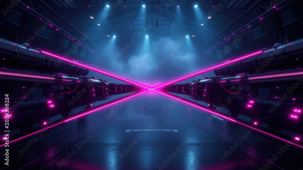 Fototapeta premium Futuristic corridor. Neon lights create vibrant cross pattern. Dark metallic walls, smoke adds mystery. Dramatic perspective, intense glow.