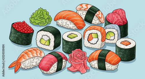 Schilderij op canvas Variety of sushi and maki rolls.