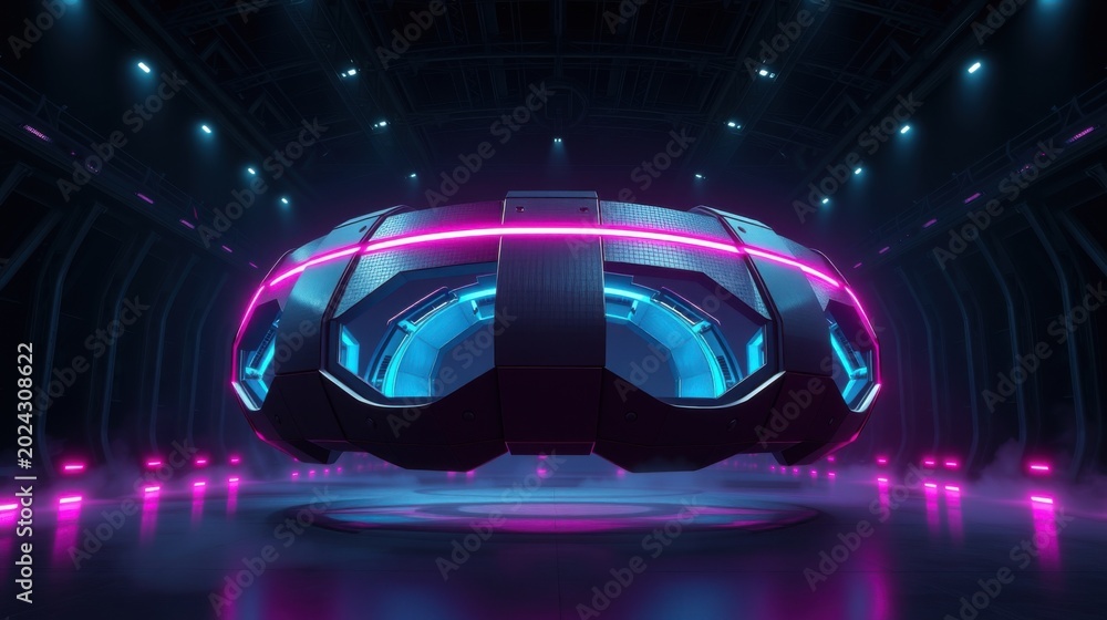 Fototapeta premium Futuristic pod floats within dark hangar. Blue, pink lights illuminate sleek design, creating dramatic scene. Minimalist, modern aesthetic.