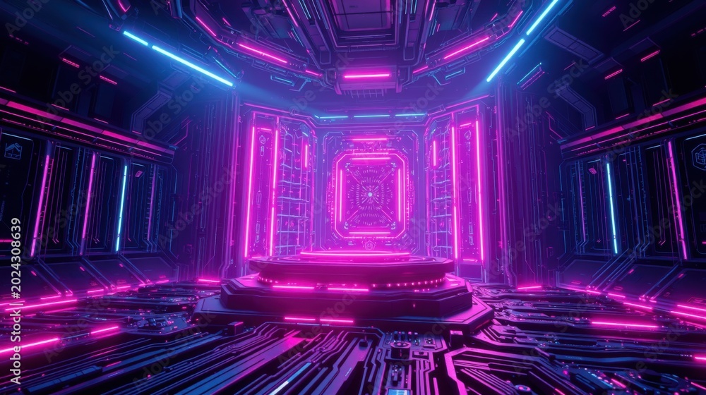 Fototapeta premium Futuristic interior. Neon lights illuminate geometric shapes, creating vibrant, immersive space. Dark background emphasizes glowing elements.