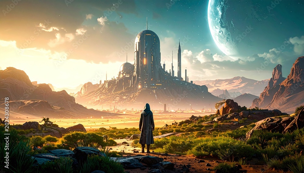 Obraz premium A lone explorer gazes at a majestic alien city nestled in a desert landscape under a giant moon. This epic cinematic concept is perfect for scifi storytelling and futuristic designs.