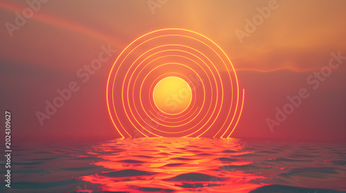 Abstract orange glowing circles on ocean surface, digital background for business and technology.