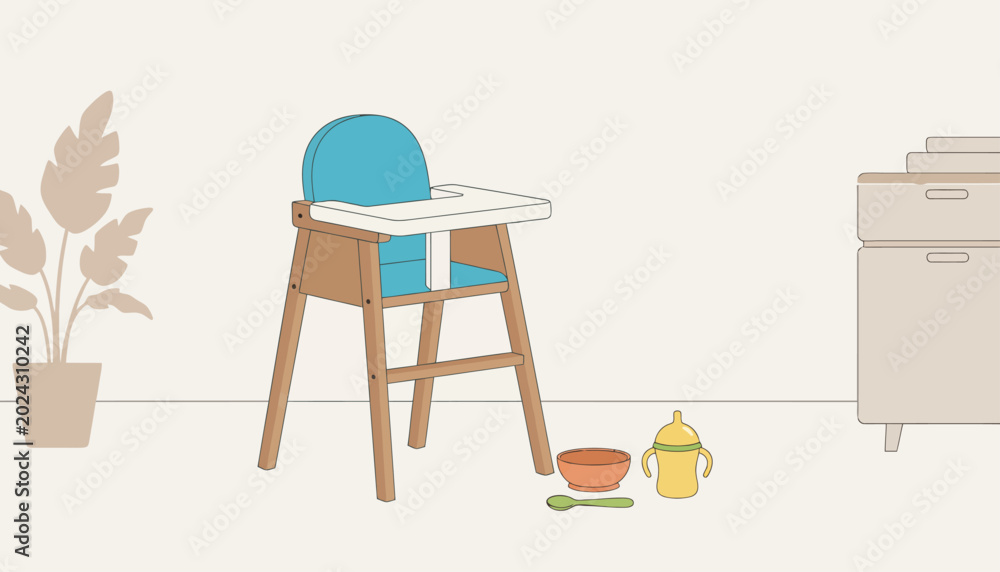 Fototapeta premium Baby high chair, nursery room, wooden feeding chair, blue accents, vector illustration