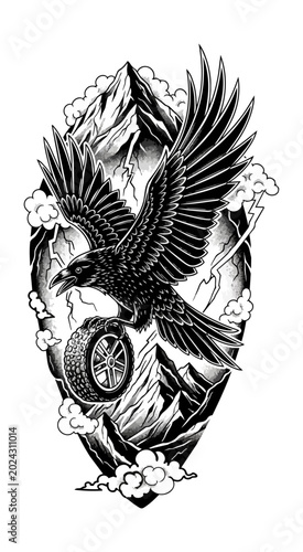 Soaring eagle carrying wheel against mountainous backdrop illustration