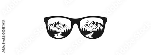 Sunglasses silhouette with nature scene reflection against black background