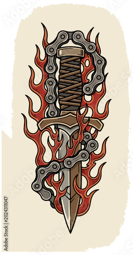 Stylized illustration of a dagger encircled by flames and chain