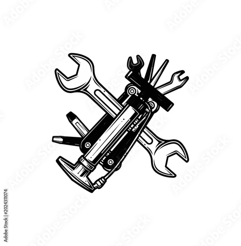 Tool set illustration wrenches multi tool and equipment symbol on black