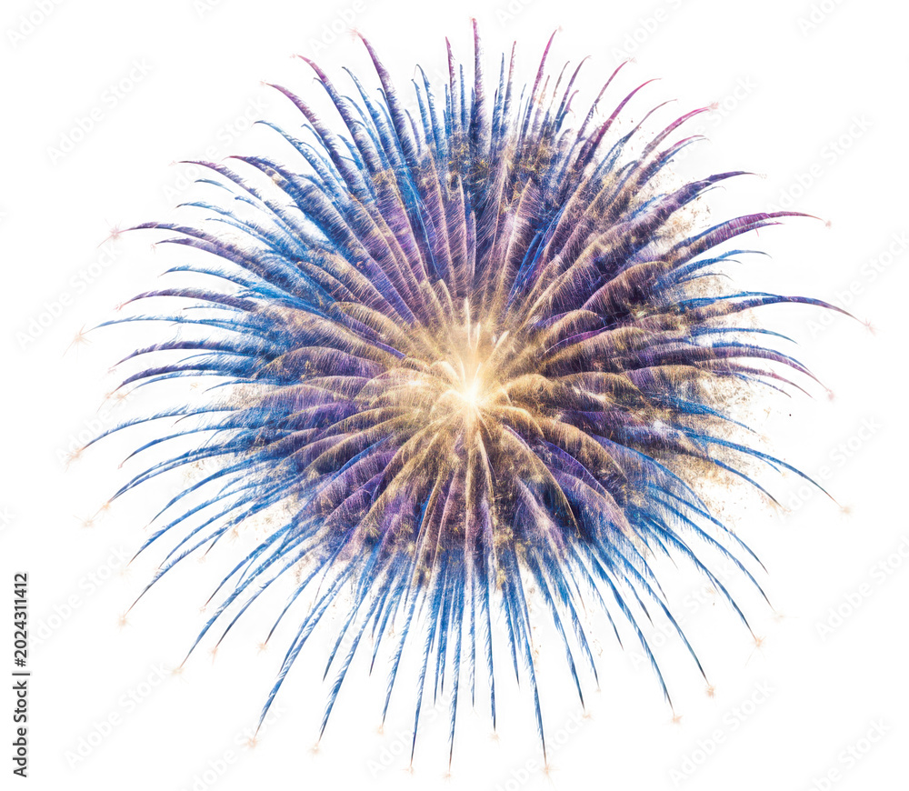 Obraz premium Burst of purple and blue fireworks pattern as isolated on transparent background