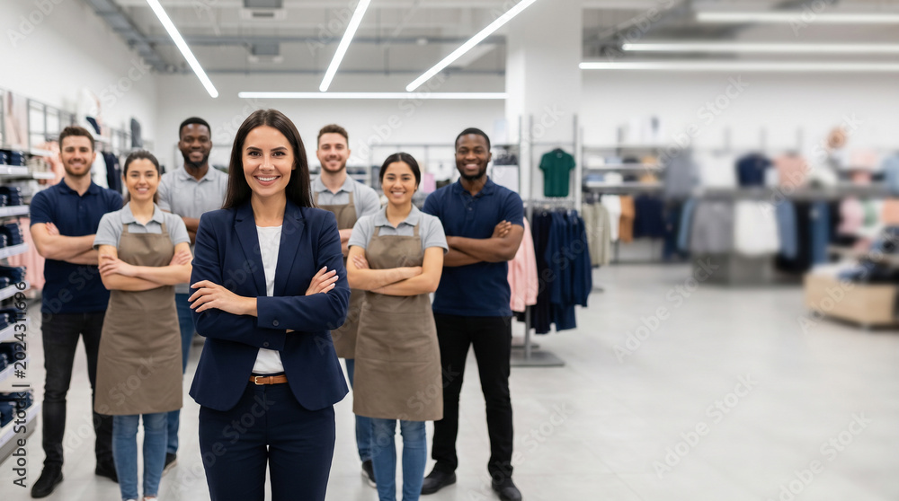 Fototapeta premium Diverse retail team standing in modern store with confident female manager in foreground, cashiers, sales associates and customer service staff, shopping environment professional retail group portrait