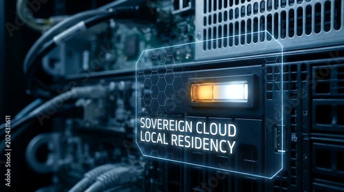 A close-up view of a server with a label reading sovereign cloud local residency