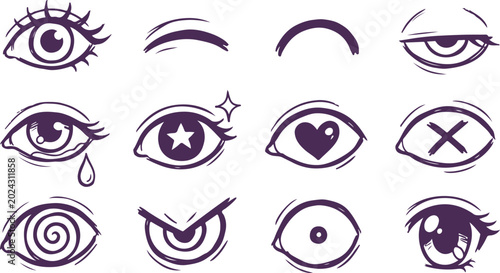 фотографія Anime style eyes icons in purple outline on transparent background