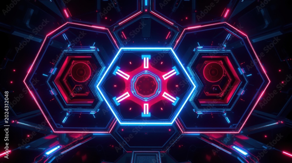 Fototapeta premium Neon tunnel, hexagonal shapes, red and blue lights create futuristic symmetry. Dark background emphasizes glowing geometry.